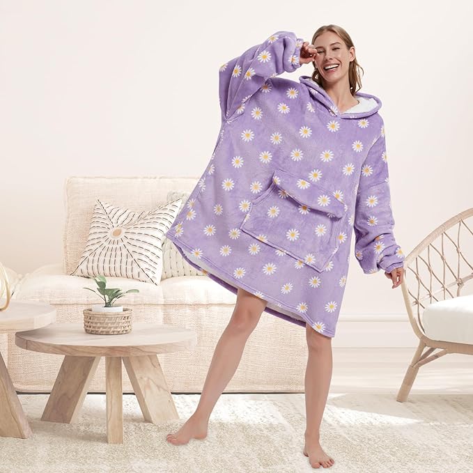 Wearable Blanket Hoodie for Adult,Oversized Sherpa Fleece Blanket Hoodie for Women Men,Daisy