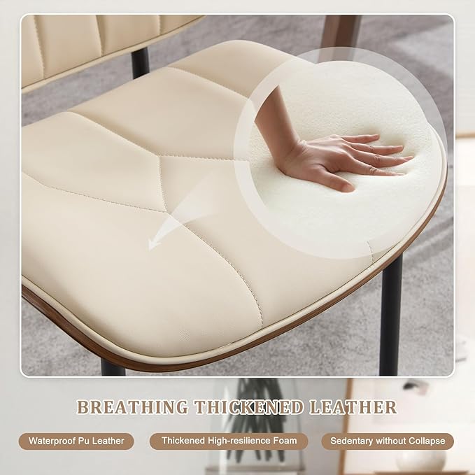 BV Mid Century Modern Dining Chairs Set of 2, Upholstered Pu Leather Accent Chair with Walnut Bentwood Back, Armless Kitchen Retro Chair for Dining Room, Living Room, Kitchen, Beige