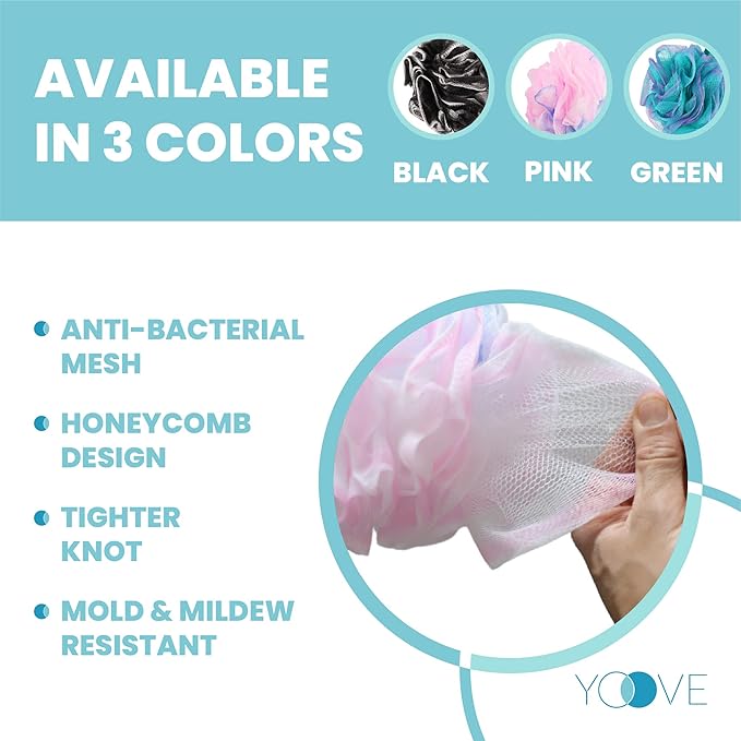 Yoove Loofah Back Scrubber w/Bamboo Charcoal Fiber Infused Bath Sponge, Wooden Handle, Luffa Pouf, Sponge Stick & Hanging Hook for Men & Women, Pink Loofah w/Handle, Loofa, Lufa Body Scrubber Stick