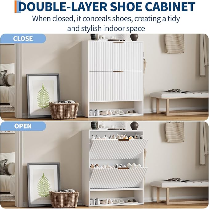 Garvee Fluted Shoe Storage Cabinet, Slim Hidden Shoe Rack Cabinet with 2 Flip Drawers & Bottom Open Shelf, Freestanding Entryway Organizer, Perfect for Closet, Hallway, Foyer, White