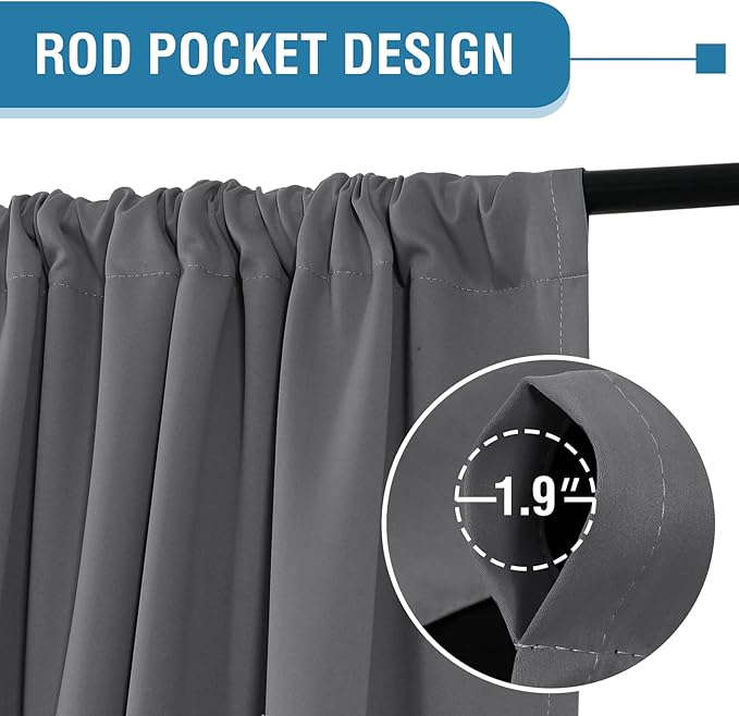 H.VERSAILTEX 100% Blackout Curtains for Bedroom Thermal Insulated Curtains & Drapes Blackout Curtains 96 Inches Long Rod Pocket Curtains for Living Room with Black Liner 2 Panels Set, Grey