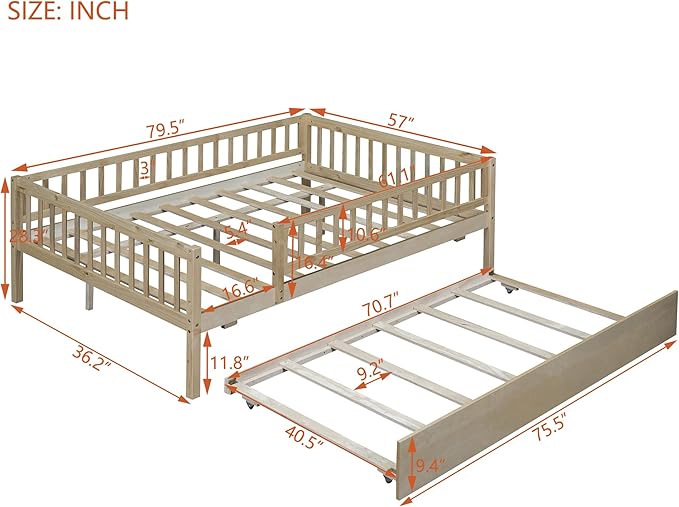 Bellemave Full Size Bed Frames with Rails for Kids, Full daybed Frame with Trundle for Boys/Girls/Adults， Natural
