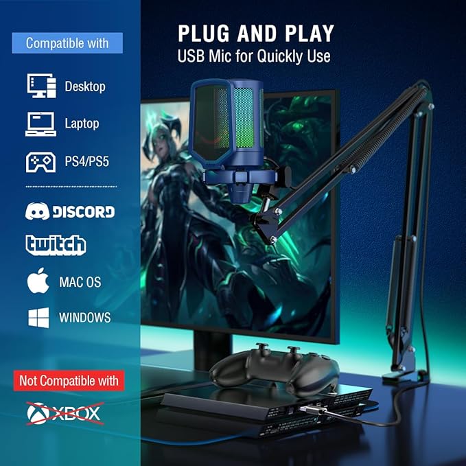 FIFINE USB Gaming Streaming Recording PC Microphone Kit, RGB Condenser Computer Mic Bundle for Podcasts, Audio, Vocal, Video on Mac/Desktop/Laptop, with Boom Arm Stand-A6T Blue