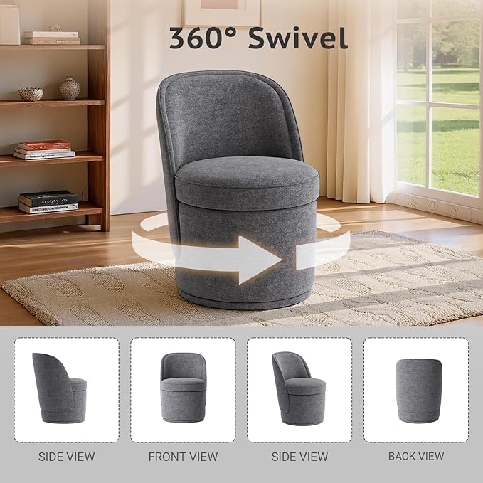 Swivel Accent Chair, 360° Swivel Chair with Hidden Storage, Vanity Chairs, Modern Small Barrel Swivel Armchair for Living Room/Bedroom, Darkgrey