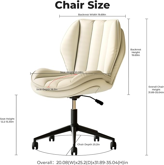 Home Office Desk Chair with Wheels, Armless Adjustable Height PU Leather Office Chair, Mid Back Ergonomic Computer Chair, Walnut Curved Seat Design No-Arm Chair (9008-White)