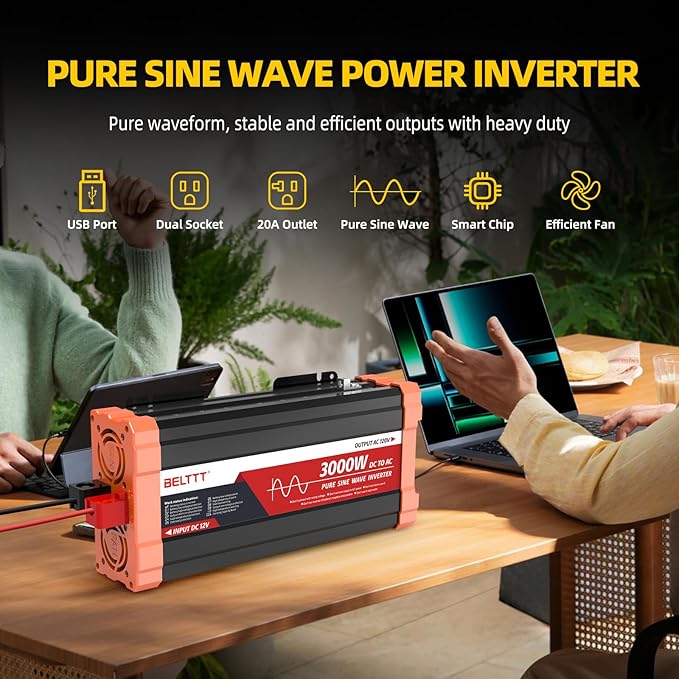 BELTTT 3000W Pure Sine Wave Inverter 12V DC to 120V AC for RV, Truck, Off-Grid, Home, Solar Car Power Inverter with Dual AC, 20A Socket, 5V 2.1A USB, Hardwire Port, Remote Controller 23Ft Cable