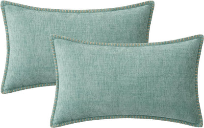 MIULEE Pack of 2 Couch Throw Pillow Covers 12x20 Inch Aqua Green Farmhouse Decorative Pillow Covers with Stitched Edge Soft Chenille Solid Dyed Spring Pillow Covers for Sofa Bed Living Room