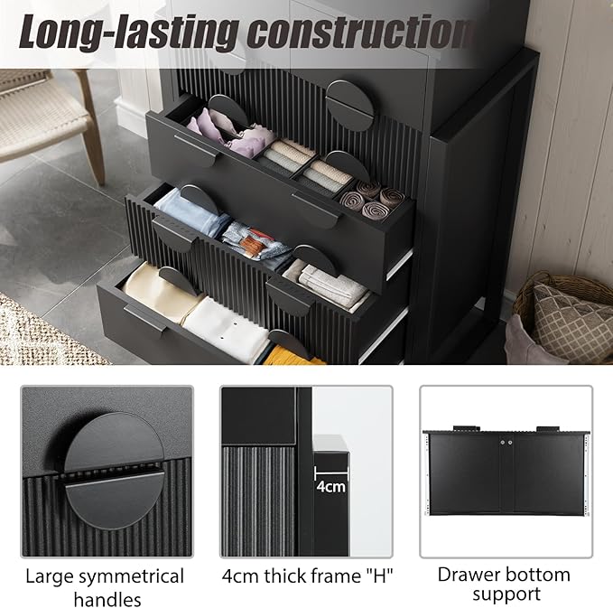 LGHM Fluted Dresser for Bedroom with 6 Drawers, Modern 6 Drawers Dressers with Semicylinder Fluted, Solid Chest of Drawers, 44.5" Tall Dresser with Stable Steel Frame, Metal Handles, Black