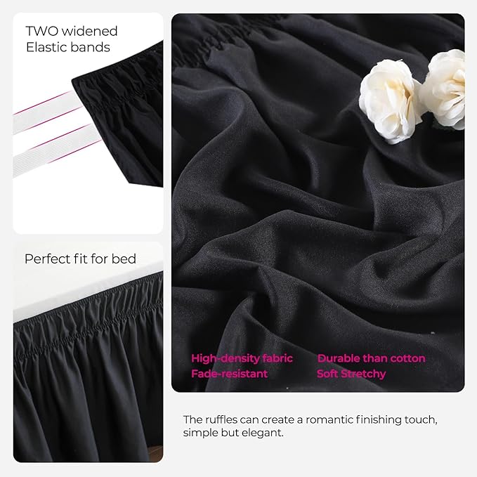RIMELA Black Bed Skirt King Size 25 Inch Drop, Elastic Bed Skirting for Bed Base and Frame, Bedding Dust Ruffle Easy to Install, Lightweight Comforter Set with Wrap Around Adjustable Bedskirt