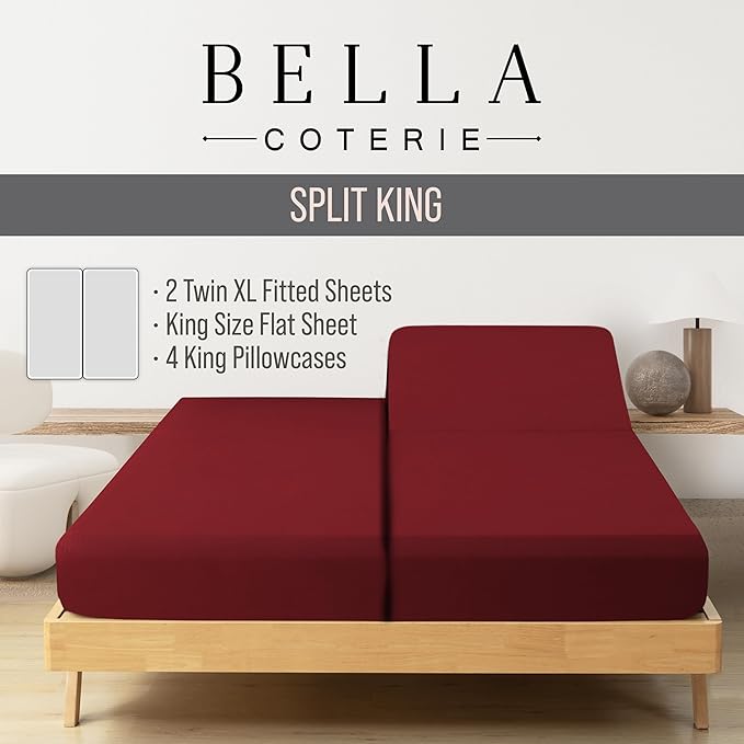 Bella Coterie 7 Piece Luxury Bamboo Viscose Split King Size Sheet Set | 2 Fitted Sheets for Adjustable Beds | 100% Organically Grown | Cooling for Hot Sleepers | 4 Pillowcases [Merlot]