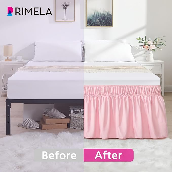 RIMELA Bed Skirt Full Size 15 Inch Drop, Elastic Bed Skirting for Adjustable Bed Base and Frame, Bedding Dust Ruffle Easy to Install, Hotel Quality Wrap Around Bedskirt (Pink)