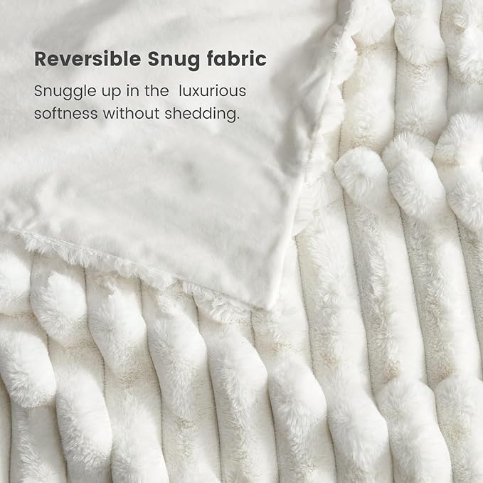 Cozy Bliss Faux Fur Throw Blanket for Couch, Cozy Warm Plush Striped Blanket for Sofa Bedroom Living Room, 50 * 60 Inches Cream White
