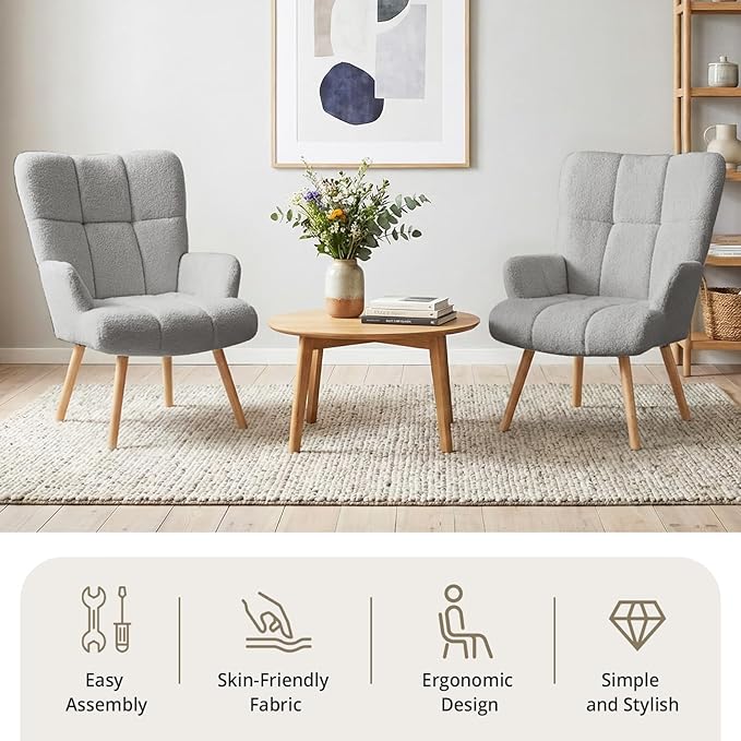 Joysoul Modern Accent Chair, High Back Arm Chair with Wood Legs Sofa Seat Teddy Fleece Fabric Reading Chair for Living Room Bedroom Waiting Room (Light Gray)