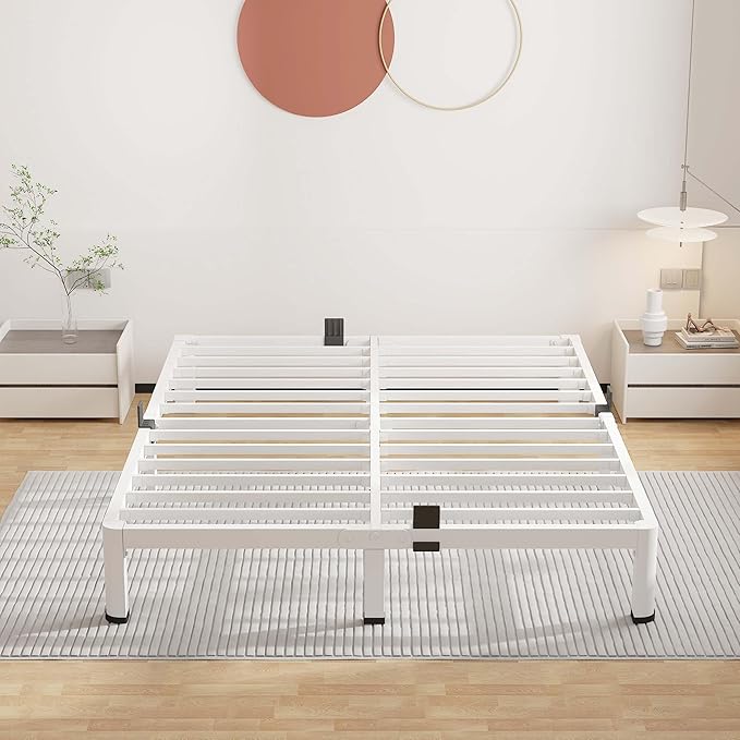 ROIL 10 Inch White King Bed Frame with Rounded Corner and Mattress Retainers, 3500LBS Heavy Duty Steel Slats No Box Spring Needed Platform Noise-Free Easy Assembly