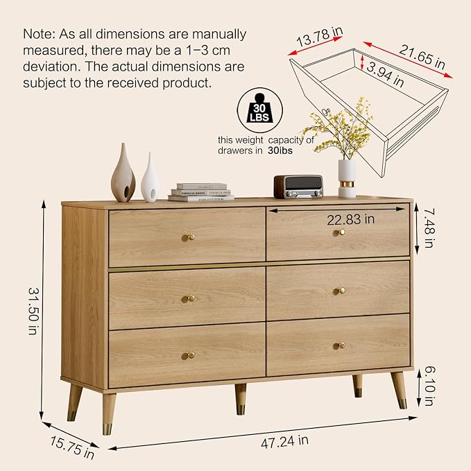 6 Drawer Dresser,47" Wide Mid Century Modern Chest of Drawers,Wooden Bedroom Drawer Dresser with 6 Storage Drawers for Bedroom,Living Room,with Anti-Tipping Device,Wood