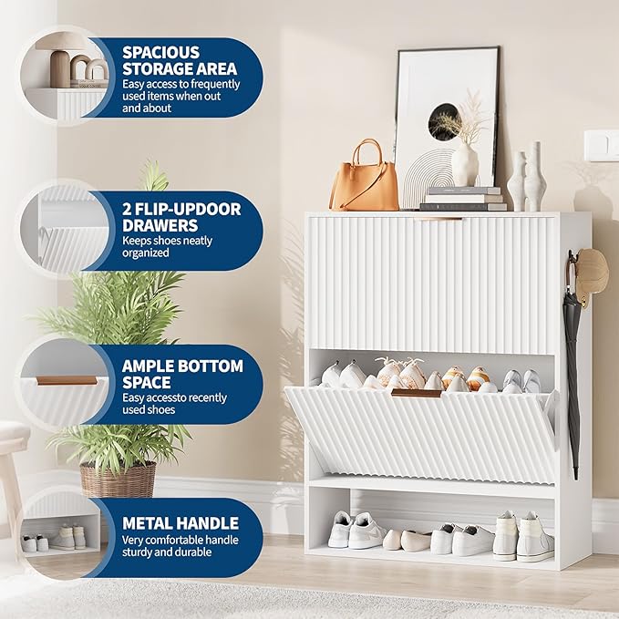 Garvee Fluted Shoe Storage Cabinet, Slim Hidden Shoe Rack Cabinet with 2 Flip Drawers & Bottom Open Shelf, Freestanding Entryway Organizer, Perfect for Closet, Hallway, Foyer, White