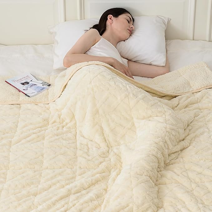 Topblan Weighted Blanket Twin Size 12 lbs, Soft Weighted Blanket with Doubled-Sized Shaggy Sherpa, Jacquard Knitted Stylish Warm Weighted Blankets Throw for Better Sleep, Beige, 48 x 72 inches