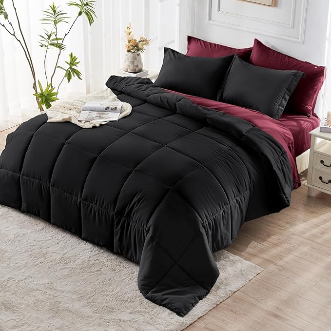 JOLLYVOGUE Full Comforter Set, Ultra-Soft Bed in a Bag Full Size 7 Pieces, Oeko-TEX Certified Bedding Set with Down Alternative Comforter, Sheets, Pillowcases & Shams, Burgundy & Black