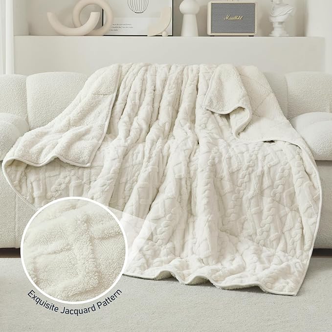 Wemore Weighted Blanket for Adults Twin Size 15 lbs, Dual Sided Soft Fuzzy Jacquard Sherpa Weighted Blankets for Sleeping, Cozy Fluffy Knitted Heavy Blanket for Couch Bed, Cream White, 60 x 80 inches