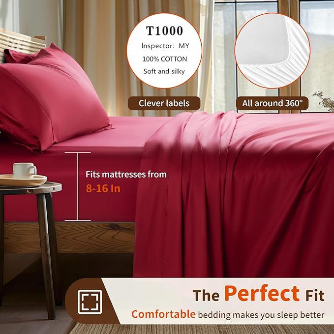 LBRO2M 1000 Thread Count 100% Egyptian Cotton Sheets Set Twin, 3 Piece Sets Bed Sheet Deep Pocket Sheet Set 16" Soft Comfortable All Season (Twin, Burgundy)