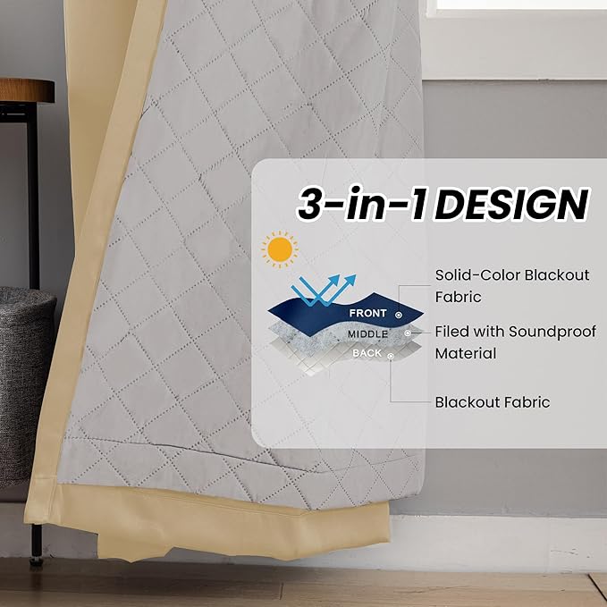 Soundproof Curtains, Noice Reduction Grommet Full Blackout Thermal Curtains for Living Room, Bedroom(1 Panel,Beige,50" x 72")