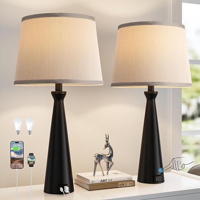 Seealle Modern Table Lamps Set of 2 - Touch Bedside Lamp for Nightstand with Dual USB C+A,3-Way Dimmable Black Nightstand Lamps for Living Room Bedroom End Table with Grey Shade(Bulb Included)