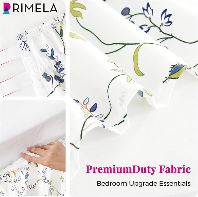 RIMELA Blue Berry Floral Bed Skirt Queen Size 15 Inch Drop, Elastic Bed Skirting for Bed Frame, Bedding Dust Ruffle Easy to Install, Lightweight Wrap Around Adjustable Bedskirt