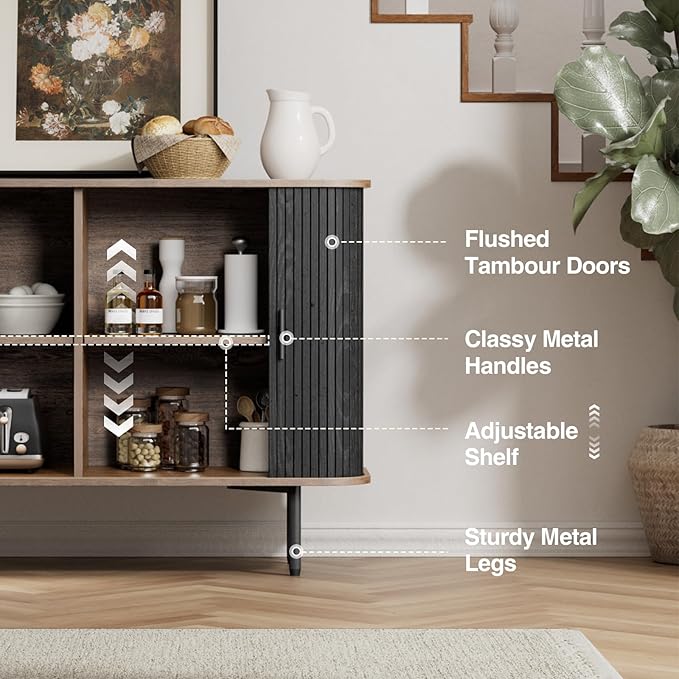 47''W x 32''H Black Buffet Sideboard Cabinet with Storage, Fluted Accent Storage Cabinet with Curvy Edge; Sliding Door, Freestanding Credenza, Console Table for Living Room, Kitchen, Hallway