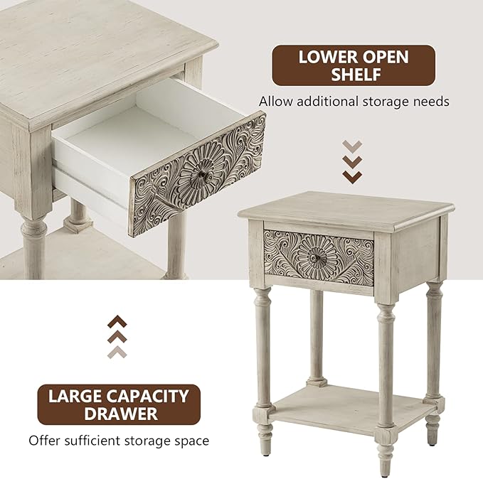 COSIEST 2 Pieces Vintage Nightstand, MDF 2-Tier Bedside Table, Wood Accent End Table with Storage Drawer and Open Display Shelf for Bedroom Living Room