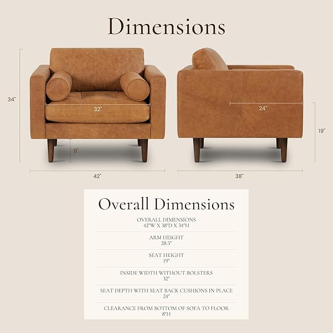 Poly & BARK Napa Leather Accent Chairs 42" – Set of 2 - Mid Century Modern Armchair with Bolster Pillows, Living Room or Bedroom Chair in Cognac Tan