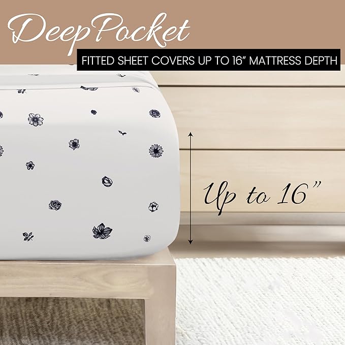 Linen Market Patterned Microfiber King Sheet Set 4 Piece – Oeko-TEX Certified Ultra Soft & Wrinkle-Free - 16" Deep Pocket Sheets - Easy Care King Size - Indigo Flowers Navy