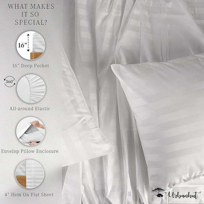 URBANHUT 800 Thread Count 100% Cotton Damask King Size Sheets, 4 Piece Striped King Size Bedsheets, Luxury Hotel Sheets Sateen Weave - Better Than Egyptian, 16" Elasticized Deep Pocket- White