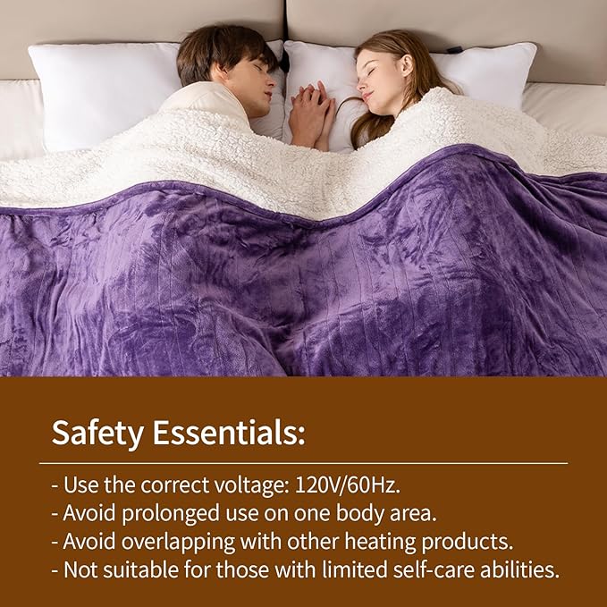 Bearhug Electric Blanket Twin Size 62" x 84", Velvet & Sherpa Purple Heated Blanket, 10 Heating Levels & 0.5-12H Auto Off, Over-Heat Protect, ETL Certification, Machine Washable, Gift Box