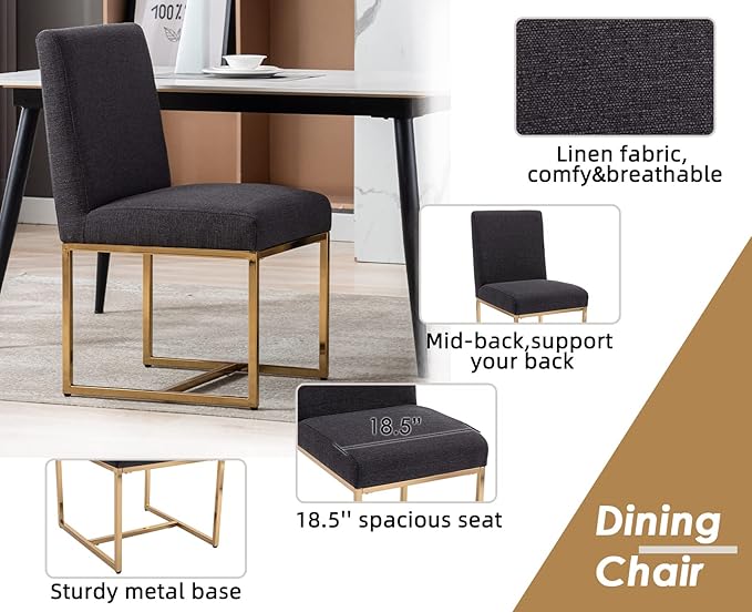 CIMOTA Black Modern Dining Chairs Set of 6, Upholstered Dining Room Chairs Armless Guest Side Chair with Gold Base for Dining Room/Kitchen, Charcoal Black, 6PCS