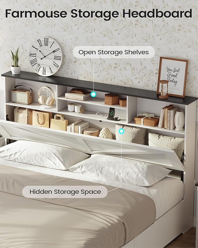 AOGLLATI Farmhouse King Bed Frame Bed Frame with 4 Storage Drawers and Led Lights, Wooden King Bed with Hidden Space Bookcase Headboard and Led Lights, White