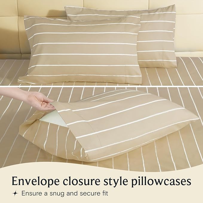 LuxClub 4 PC Queen Sheet Set, Deep Pockets Wrinkle Free Cooling Bed Sheets Hotel Bedding for Women, Men, Includes 1 Fitted Sheet, 1 Flat Sheet and 2 Pillowcases-Striped - Cream