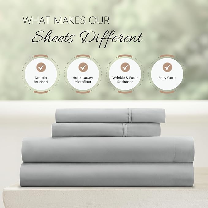 Linen Market Brushed Microfiber King Sheet Set 4 Piece – Oeko-TEX Certified Ultra Soft & Wrinkle-Free - 16" Deep Pocket Sheets - Easy Care King Size - Light Gray