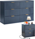 LEYAOYAO Fluted Dresser and Nightstand Sets, Wood 48" Wide Dresser & 23" Night Stand with Charging Station, 2 Piece Bedroom Furniture Set, Chest of Drawers for Bedroom, Home, Living Room,Nave Blue