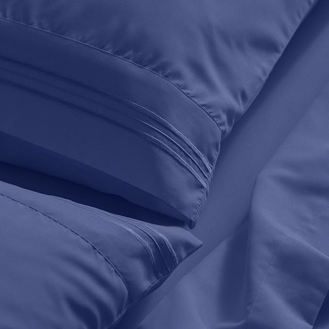 Mellanni California King Sheet Set - 6-Piece Iconic Collection Bedding, (Including 4 Pillowcases), 21-Inch Extra Deep Pocket, Easy Care, Ultra Soft, Cooling Sheets, Brushed Microfiber - Blue Nova