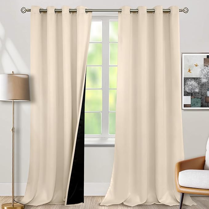 BGment Thermal Insulated 100% Blackout Curtains 96 Inch Length 2 Panels, Total Light Blocking Curtains for Bedroom, Grommet Window Drapes with Thick Black Liner, 55 Inch Wide Each Panel, Champagne