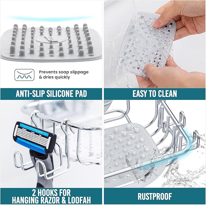 TAILI Bar Soap Holder Suction Cup with Hooks and Silicone Soap Saver Pad for Bath Shower Wall, Shampoo Caddy for Bathroom, Tub, Kitchen, Rustproof Stainless Steel Sponge Holder, Silver