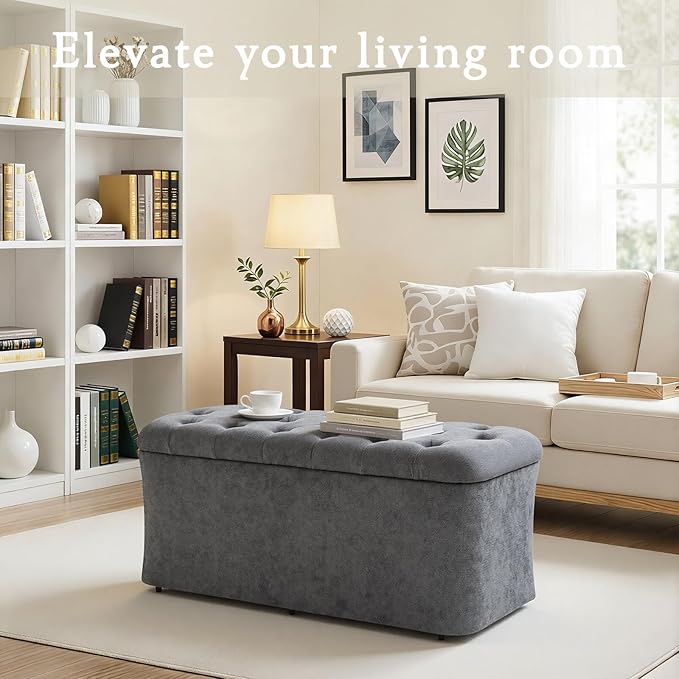 ONBRILL Storage Ottoman Bench, End of Bed Bench, 39.8 x 18.1 x 17.7 Inches Pouf Ottoman Foot Rest, Storage Benches Chest for Bedroom Entryway Living Room, Max 330 lbs, Grey