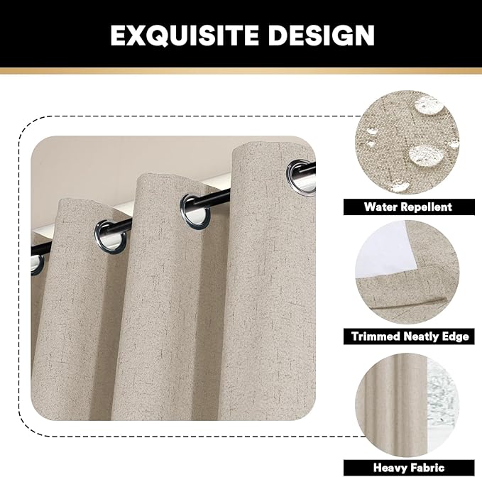 PrinceDeco 100% Blackout Curtains Linen Blackout Curtains 108 Inches Long Room Divider Curtains for Bedroom/Living Room Patio Curtains Thermal Insulated with White Liner,W100 X L108,Stone