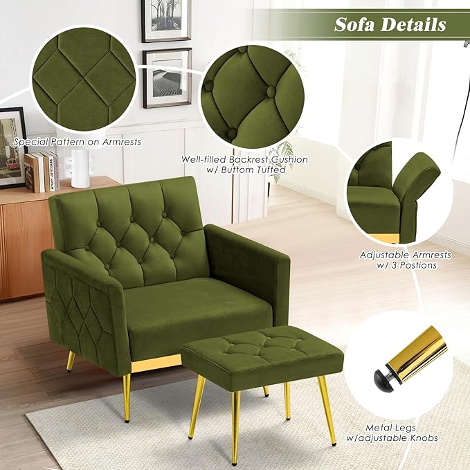 Velvet Accent Chair w/Adjustable Armrests and Backrests, Tufted Single Sofa with Ottoman, Upholstered Reading Chiar for Living Room, Apartment, Bedroom, Olive Green