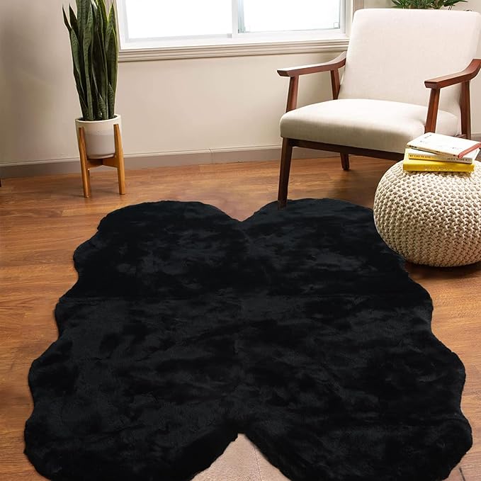 Latepis Black Faux Rabbit Fur Rug 4x6 for Living Room Washable Rug 4x6 Fluffy Faux Sheepskin Plush Shag Rugs for Bedroom Nursery Kids Rugs Luxury Home Decor Sheepskin