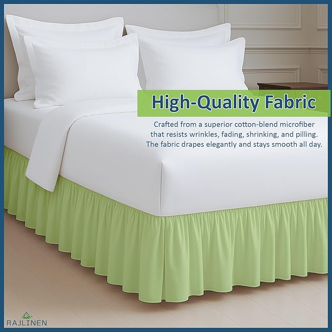 Rajlinen Ruffled Bed Skirt Queen, 15 Inch Drop Dust Ruffle with Split Corners, 100% Microfiber Bedskirt with Platform, Three-Sided Coverage Ruffled Gathering Design, Sage