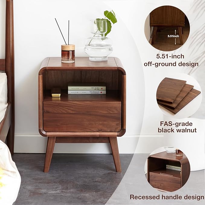 Walnut Night Stand Set of 2, Solid Wood Nightstand with Drawer, Walnut Bedside Table, Mid Century Modern Nightstand, Small Bed Side Table for Small Spaces Bedroom(Dark Black Walnut, 20.47" H)