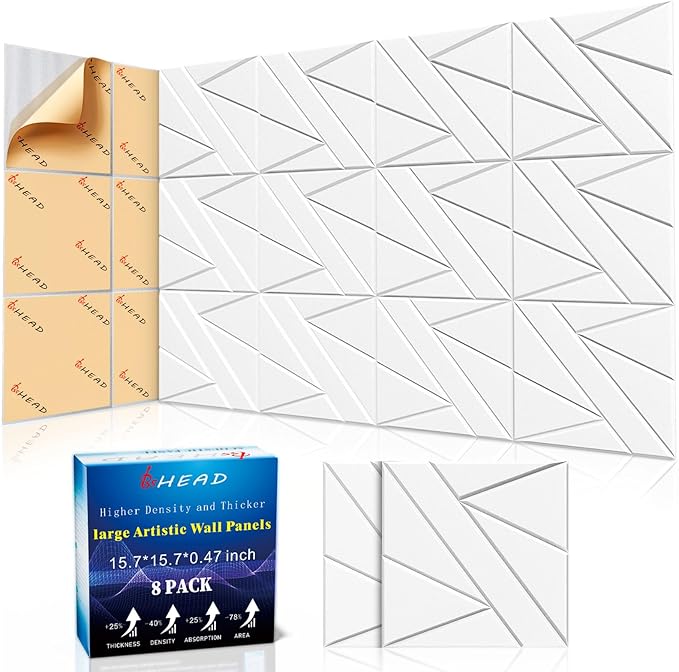 8 Pack Self-Adhesive Soundproof Wall Panels, 15.7 x 15.7 x 0.47 in Sound Proof Foam Panels for Walls, 1.2lb/ft³ High Density, Thicker 0.47in, Large Size Acoustic Panels, Sound Dampening Panels White