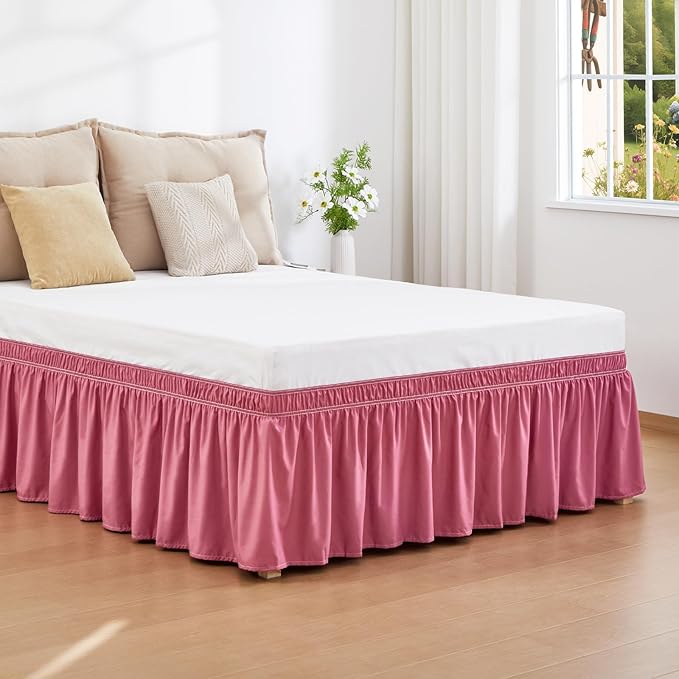 RIMELA Dusty Red Bed Skirt Queen Size 18 Inch Drop, Wrap Around Elastic Bedskirt, Dust Ruffle for Adjustable Bed Base Machine Washable Easy to Install Bed Skirts