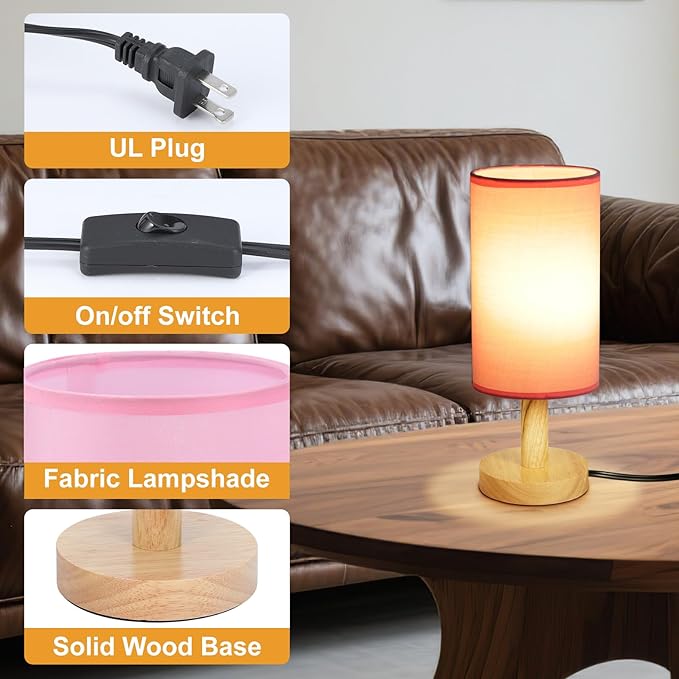 Pink Small Bedside Table Lamp for Bedroom,Natural Round Wood Base&Fabric Linen Shade,Cozy Night Table Light for Study Reading,Minimalist Boho Desk Lamp for Nightstand,Living Room,Nursery,Kitchen,Dorm